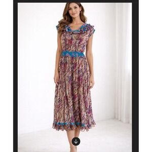 VTG Diane Freis Georgette Dress Floral Ruffles Midi Flowy Bohemian Tassles 1980s